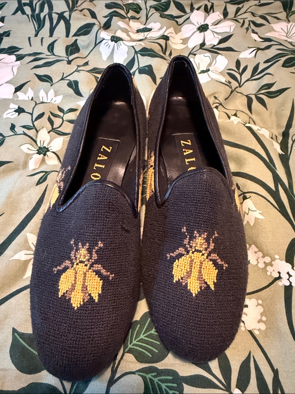 Zalo Black Slip-On Loafers with Yellow Bee Embroidery